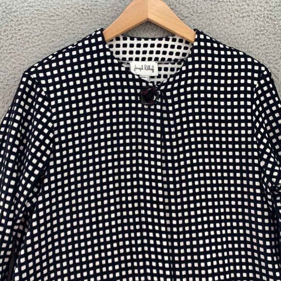 Joseph Ribkoff Jacket Womens 12 Black White Grid Button Mid Length Office Work - Picture 2 of 9